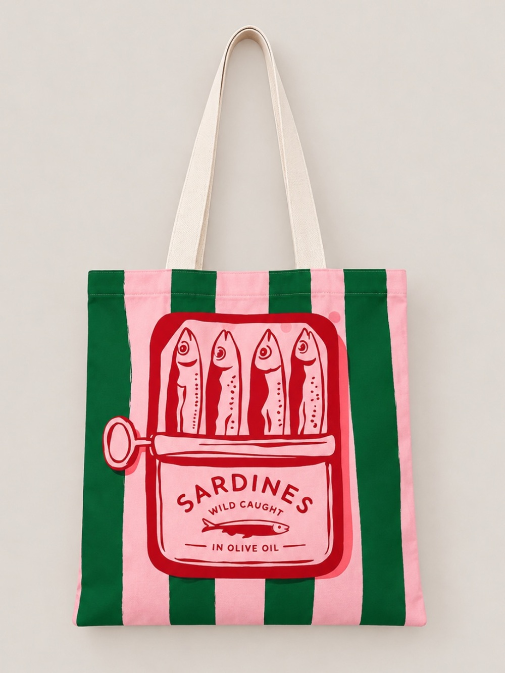 New! Green Pink Sardine Striped Tote Bag (13x14) NWOT